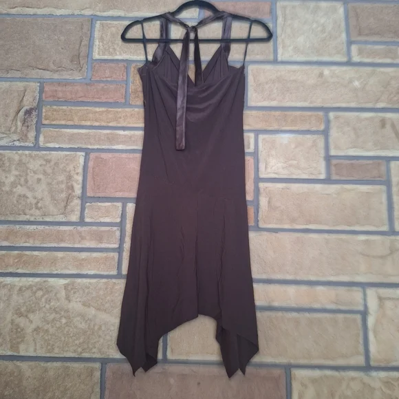Taboo Vintage Y2K Espresso Brown Asymmetrical Hem Halter Mini Dress M - Picture 6 of 9